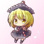  blonde_hair chibi crescent dress hat instrument looking_at_viewer lowres lunasa_prismriver musical_note ryogo solo touhou violin yellow_eyes 