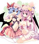  armpits bare_shoulders barefoot blue_hair breasts breasts_outside brooch choker cleavage demon_tail detached_sleeves fang hat jewelry kneeling large_breasts maturiuta_sorato medium_breasts midriff multiple_girls navel nipples patchouli_knowledge purple_eyes purple_hair red_eyes remilia_scarlet sitting smile tail thighhighs top_pull touhou wariza white_legwear wings wrist_cuffs 
