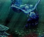  azu_(bnpsikyu6935-he) blue_skin mermaid monster_girl original pointy_ears solo underwater upside-down 