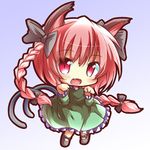  :d animal_ears bow braid cat_ears cat_tail chibi fang frills gradient gradient_background hair_bow kaenbyou_rin looking_at_viewer lowres multiple_tails open_mouth red_eyes red_hair ryogo simple_background smile solo tail touhou twin_braids 