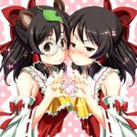 animal_ears ascot bare_shoulders black_hair blush bow brown_eyes cosplay detached_sleeves dress futatsuiwa_mamizou glasses hair_bow hair_tubes hakurei_reimu hakurei_reimu_(cosplay) heart heart_hands heart_hands_duo leaf leaf_on_head mukai multiple_girls raccoon_ears red_dress red_eyes smile sparkle touhou 