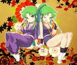  alternate_costume alternate_hairstyle blueberry_(5959) breasts cleavage dual_persona fishnets ganbare_goemon green_eyes green_hair highres japanese_clothes medium_breasts ninja one_eye_closed open_mouth ponytail smile tantou weapon yae_(ganbare_goemon) 