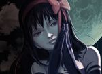  akemi_homura akuma_homura bare_shoulders black_gloves black_hair choker elbow_gloves fuwa_daisuke gloves hair_ribbon hands_together lips long_hair mahou_shoujo_madoka_magica mahou_shoujo_madoka_magica_movie moon parted_lips purple_eyes ribbon smile solo spoilers 