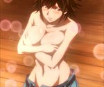  1girl asai_hyougo blush breasts brown_hair covering covering_breasts fuuun_ishin_dai_shogun highres large_breasts screencap short_hair solo standing stitched topless 