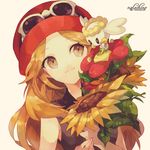  blonde_hair brown_eyes eyewear_on_head flabebe flower gen_6_pokemon hat long_hair pokemon pokemon_(creature) pokemon_(game) pokemon_xy serena_(pokemon) sleeveless smile sunflower sunglasses welchino 