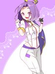  :d artist_request cosplay ichinose_tokiya ichinose_tokiya_(cosplay) kantai_collection mechanical_halo open_mouth purple_eyes purple_hair short_hair smile solo tatsuta_(kantai_collection) uta_no_prince-sama 