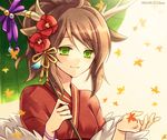  antlers bracelet brown_hair chisa flower green_eyes hair_flower hair_ornament jewelry kano_(p&amp;d) long_hair oriental_umbrella ponytail puzzle_&amp;_dragons smile solo umbrella upper_body 