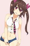  ashu bare_shoulders blush breasts brown_hair head_tilt himekaidou_hatate large_breasts long_hair navel necktie pink_background pink_eyes pointy_ears short_shorts shorts simple_background smile smirk solo stomach touhou twintails 