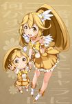  bike_shorts blonde_hair bow chibi choker cure_peace dual_persona hair_flaps kise_yayoi long_hair magical_girl ponytail precure skirt smile smile_precure! time_paradox v yellow yellow_bow yellow_eyes yellow_skirt younger yuuzii 