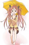  :d aihara_enju barefoot black_bullet brown_eyes brown_hair hair_ornament jacket long_hair long_sleeves naked_coat open_mouth smile solo suginyan twintails umbrella very_long_hair wide_sleeves 