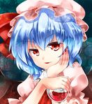  bat_wings blue_hair bow cup drinking_glass hat hat_bow nagare nail_polish red_eyes red_nails remilia_scarlet short_hair solo touhou wine_glass wings 