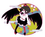  black_hair black_wings camera chibi covering_mouth egasumi full_body geta hat leaf long_sleeves looking_at_viewer maple_leaf mismatched_footwear natsuno_riku red_eyes ribbon river shameimaru_aya short_hair skirt smile solo tengu-geta tokin_hat touhou wings 