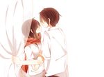  1girl black_hair blush closed_eyes curtains hair_ornament hairclip imminent_kiss kagerou_project kiichigo_(k-15) kisaragi_shintarou long_hair red_scarf scarf short_hair tateyama_ayano 