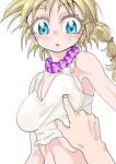  1girl :o blonde_hair blue_eyes blush breast_poke breasts chrono_cross cleavage commentary_request erect_nipples eyebrows_visible_through_hair jewelry kid_(chrono_cross) long_hair necklace open_mouth pearl_necklace poking s-a-murai solo_focus tank_top 