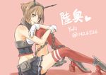  absurdres artist_name ayano_yuu_(sonma_1426) bad_id bad_pixiv_id breasts brown_hair character_name gloves green_eyes headgear heart highres kantai_collection looking_at_viewer medium_breasts miniskirt mutsu_(kantai_collection) pleated_skirt red_legwear short_hair skirt solo thighhighs twitter_username 