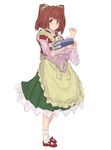  apron bell blush book book_stack brown_eyes brown_hair carrying hair_bell hair_ornament highres japanese_clothes kimono kuro_suto_sukii long_sleeves looking_at_viewer motoori_kosuzu sash see-through simple_background solo touhou two_side_up white_background wide_sleeves 