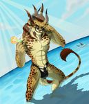  abs anthro biceps bulge charr claws eyewear feline fur guild_wars guild_wars_2 horn invalid_tag male mammal muscles pecs solo speedo standing sunglasses swimsuit toned topless video_games water wet 