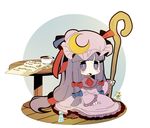  alternate_costume bow brooch chibi coffee crescent hair_bow hat jewelry long_hair natsuno_riku paper patchouli_knowledge potion purple_eyes purple_hair ribbon sitting solo staff table touhou 