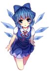  blue_eyes blue_hair blush bow cirno dress hair_bow highres looking_at_viewer meng_xiao_jiong parted_lips ribbon short_hair short_sleeves simple_background solo touhou white_background wings 