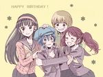  amagi_yukiko androgynous bad_id bad_pixiv_id blue_hair blush cabbie_hat closed_eyes earrings grin hand_on_another's_hat hands_on_another's_shoulders happy_birthday hat hug jacket jewelry kujikawa_rise long_hair multiple_girls open_mouth persona persona_4 petting red_hair reverse_trap satonaka_chie school_uniform shirogane_naoto short_hair smile track_jacket twintails usagi812 