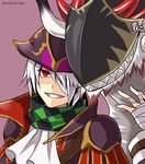  argyle argyle_scarf ascot bandage_over_one_eye blackbeard_(p&amp;d) chisa dragon grin hat male_focus pirate pirate_hat puzzle_&amp;_dragons red_eyes scarf sharp_teeth smile solo teeth upper_body white_hair 