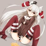  amatsukaze_(kantai_collection) bad_hands bad_proportions black_panties blush brown_eyes dress gloves gnt_(gnt_factory) hat kantai_collection long_hair looking_at_viewer panties panties_aside pee peeing red_legwear sailor_dress short_dress silver_hair sitting solo spread_legs steam striped striped_legwear thighhighs two_side_up underwear 