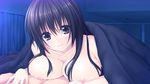  afterglow blush breast_press breasts game_cg girl_on_top hetero large_breasts light_smile looking_at_viewer lying lying_on_person naked_sheet nipples on_stomach oryou pov pretty_x_cation under_covers yakuouji_komachi 