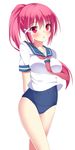  :o arms_behind_back bad_id bad_pixiv_id blush breasts i-168_(kantai_collection) kantai_collection looking_at_viewer medium_breasts ponytail red_eyes red_hair ro-ichi school_swimsuit school_uniform serafuku simple_background solo swimsuit swimsuit_under_clothes white_background 
