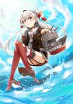  amatsukaze_(kantai_collection) brown_eyes cloud dress floating garter_straps kantai_collection long_hair looking_at_viewer rensouhou-kun rori_chuushin sailor_dress short_dress silver_hair sky solo striped striped_legwear thighhighs two_side_up zettai_ryouiki 