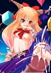  barefoot bow breasts censored chain clenched_hand cuffs cum cum_on_body cum_on_lower_body doburoku_(daiginjou) ejaculation fangs feet footjob hair_bow hand_to_own_mouth highres horns ibuki_suika long_hair looking_at_viewer neck_ribbon open_mouth orange_eyes orange_hair penis petite pov pov_feet ribbon sharp_toenails slit_pupils small_breasts solo_focus toenails toes topless touhou 