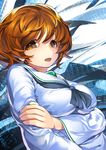  akiyama_yukari blush breasts brown_eyes brown_hair girls_und_panzer hand_on_own_arm katourennyu large_breasts ooarai_school_uniform open_mouth school_uniform short_hair solo 