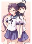  akebono_(kantai_collection) back-to-back bell black_hair blush breasts dated e20 flower hair_bell hair_flower hair_ornament holding_hands interlocked_fingers jingle_bell kantai_collection long_hair medium_breasts multiple_girls nose_blush open_mouth purple_eyes purple_hair school_uniform serafuku side_ponytail skirt twitter_username ushio_(kantai_collection) 