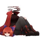  arano_oki black_legwear bow breasts cape disembodied_head hair_bow headless large_breasts long_sleeves pantyhose red_eyes red_hair sekibanki short_hair simple_background sitting skirt smile solo touhou white_background 