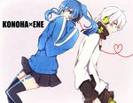  1girl blue_eyes blue_hair ene_(kagerou_project) headphones heart heart_of_string kagerou_project konoha_(kagerou_project) long_hair red_eyes ringomaru silver_hair sleeves_past_fingers sleeves_past_wrists twintails 
