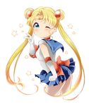  back_bow bishoujo_senshi_sailor_moon blonde_hair blue_eyes blue_sailor_collar blue_skirt blush bow choker double_bun gloves highres long_hair looking_at_viewer magical_girl migihidari_morimori one_eye_closed red_bow red_choker sailor_collar sailor_moon sailor_senshi_uniform simple_background skirt solo star tiara tsukino_usagi twintails very_long_hair white_background white_gloves 