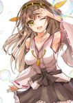  armpits bad_id bad_pixiv_id bare_shoulders breasts brown_hair bubble collarbone detached_sleeves highres kantai_collection kongou_(kantai_collection) long_hair long_sleeves looking_at_viewer medium_breasts nontraditional_miko one_eye_closed open_mouth sash shirt skirt smile solo velia very_long_hair wide_sleeves 