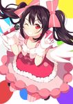  \m/ black_hair bow clenched_teeth double_\m/ dress gloves grin hair_bow highres long_hair looking_at_viewer love_live! love_live!_school_idol_project microphone one_eye_closed pantyhose ponkotsu_(ayarosu) red_dress red_eyes smile solo striped striped_legwear teeth transparent_background twintails vertical-striped_legwear vertical_stripes white_gloves wings yazawa_nico 