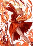  aki_shizuha angry arms_up blonde_hair dress faux_traditional_media floating hair_ornament high_heels leaf leaf_background leaf_hair_ornament long_dress looking_at_viewer nyuu_(manekin-eko) rage_face red_dress red_eyes short_hair solo touhou 