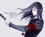  1boy abara_hanbee bangs black_hair black_jacket blood character_name closed_mouth commentary_request eyebrows_behind_hair grey_background hair_between_eyes happy_birthday holding holding_weapon jacket katana kenkoumineral13 long_hair number out_of_frame pale_skin parted_bangs roman_numerals shaded_face simple_background solo standing sword tokyo_ghoul tokyo_ghoul:re upper_body weapon white_eyes wind 