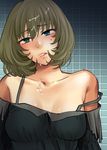  bare_shoulders blue_eyes blush collarbone cum cum_in_mouth cum_on_body cum_on_hair cum_on_upper_body dress facial fringe_trim green_eyes green_hair heterochromia idolmaster idolmaster_cinderella_girls looking_at_viewer mole mole_under_eye off_shoulder open_mouth short_hair shoukaki_(earthean) solo takagaki_kaede upper_body 