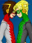  2boys abs bart_allen blonde_hair blue_background brown_hair clone dc_comics eye_contact flash_(series) goggles hands_on_hips impulse inertia looking_at_another male male_focus mask multiple_boys open_mouth profile simple_background smile yellow_eyes 