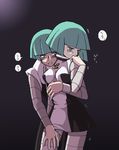  1girl couple green_hair groping hetero hug hug_from_behind looking_away pokemon pokemon_(game) pokemon_dppt qta_(chokob) short_hair sweat team_galactic_grunt thighhighs trembling zettai_ryouiki 