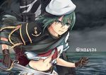  absurdres ayano_yuu_(sonma_1426) bad_id bad_pixiv_id cape cloud dark_sky eyepatch eyepatch_removed green_eyes green_hair hat highres holding holding_sword holding_weapon kantai_collection kiso_(kantai_collection) long_hair midriff ocean remodel_(kantai_collection) scar school_uniform serafuku serious short_hair skirt sky solo sword torn_clothes torn_skirt twitter_username weapon 