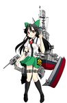  black_hair black_legwear blouse bow brown_eyes cruiser hair_bow highres kantai_collection long_hair mecha_musume military military_vehicle miniskirt reiuji_utsuho sakurato_tsuguhi ship shoes skirt socks solo standing touhou uss_indianapolis_(ca-35) warship watercraft white_background wings 