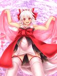  :d animal_ears arms_up ass_visible_through_thighs bare_shoulders blush bow dog_ears fang from_below hair_between_eyes hozenkakari obi open_mouth original red_bow red_eyes sash see-through shawl smile solo standing tareme thighhighs tooth upskirt white_hair white_legwear 