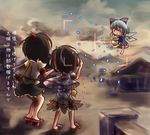  &gt;_&lt; barefoot black_hair blue_hair bow camera cape cirno closed_eyes danmaku dress frilled_skirt frills geta hair_bow hat horns impossible_spell_card keikou_ryuudou kijin_seija multicolored_hair multiple_girls sandals shameimaru_aya shirt short_hair skirt tengu-geta tokin_hat touhou translated viewfinder wings 