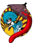  bad_id bad_pixiv_id blue_eyes blue_hair chibi heterochromia karakasa_obake looking_at_viewer natsuno_riku red_eyes rising_sun short_hair skirt smile solo sunburst tatara_kogasa tongue tongue_out touhou umbrella 