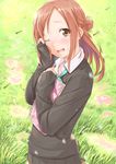 aqua_neckwear blush brown_eyes brown_hair collared_shirt crying d; dandelion_seed day eyebrows_visible_through_hair field from_side fujimiya_kaori grass hair_bun isshuukan_friends long_sleeves looking_at_viewer looking_to_the_side miri_(ago550421) notebook one_eye_closed open_mouth outdoors puddle school_uniform shirt sleeves_past_wrists solo sweater_vest tears upper_body white_shirt wiping_tears 