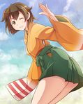  blue_sky blush breasts brown_eyes brown_hair cloud day e20 grin hakama_skirt hiryuu_(kantai_collection) japanese_clothes kantai_collection long_sleeves medium_breasts one_eye_closed one_side_up ribbon short_hair skirt sky smile solo wide_sleeves 
