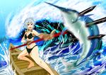  :d bare_shoulders barefoot bikini black_bikini black_eyes boat braid breasts cleavage fish foreshortening izayoi_sakuya maid_headdress medium_breasts motion_blur navel open_mouth polearm short_hair silver_hair sketch smile solo surfing swimsuit swordfish tidal_wave touhou trident tsurikichi_obasan twin_braids warugaki_(sk-ii) water watercraft waves weapon 